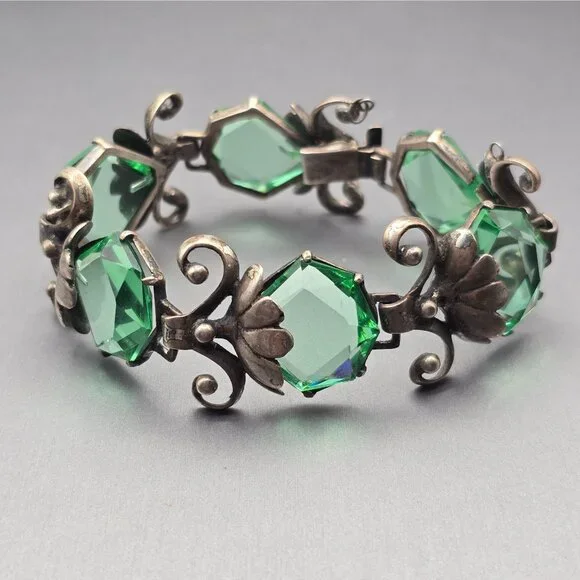 Art Nouveau Sterling Silver Demi-Parure Green Glass Floral Bracelet Earrings - Picture 14 of 16